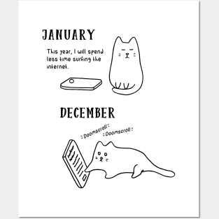 Doomscrolling Cat - New Year’s Resolution (White) Posters and Art